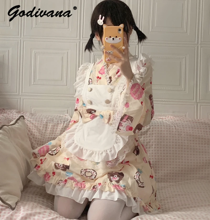 

Cute Printed Button Lace Japanese Style Bell Sleeve Cake Dress Apron Girls Sweet Cute Cosplay Clothes Set Female Outfits