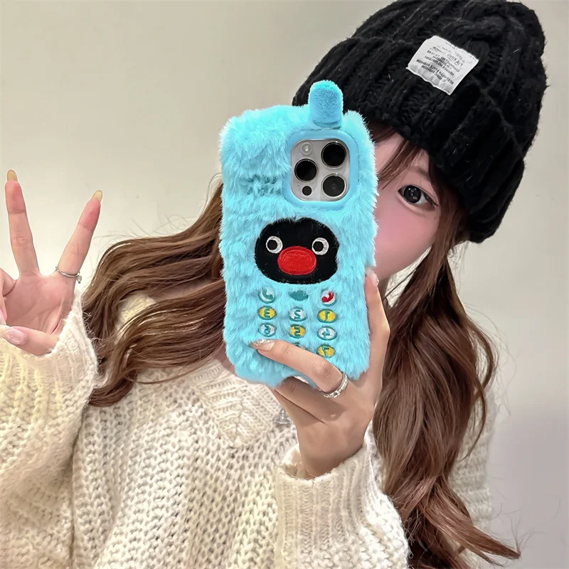 Luxury Retro Big Brother Phone Case Penguin fluffy hand warmer Plush Phone Case For iPhone 13 14 15 16 Pro Max Cute fluffy cover