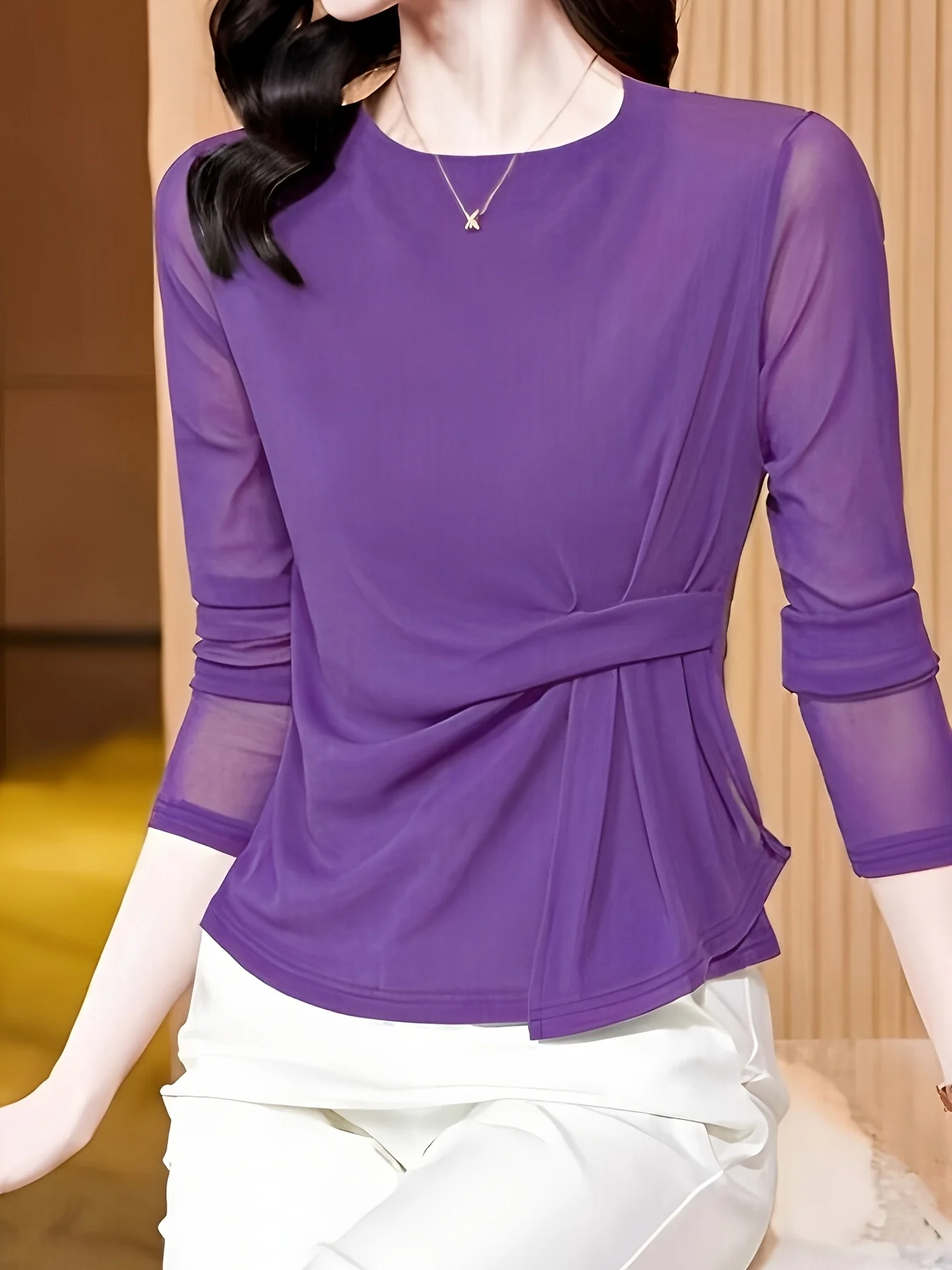 Women's Spring & Autumn Fashionable Elegant Designed Waist-Cinched Solid Color Mesh Long Sleeve T-Shirt