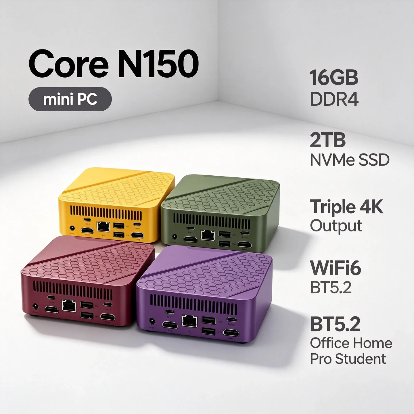 Intel Core N150 Mini Desktop 16GB RAM 2TB NVMe SSD Triple 4K Output Efficient Cooling WiFi6 BT5.2 Remote Home Office Pro Student