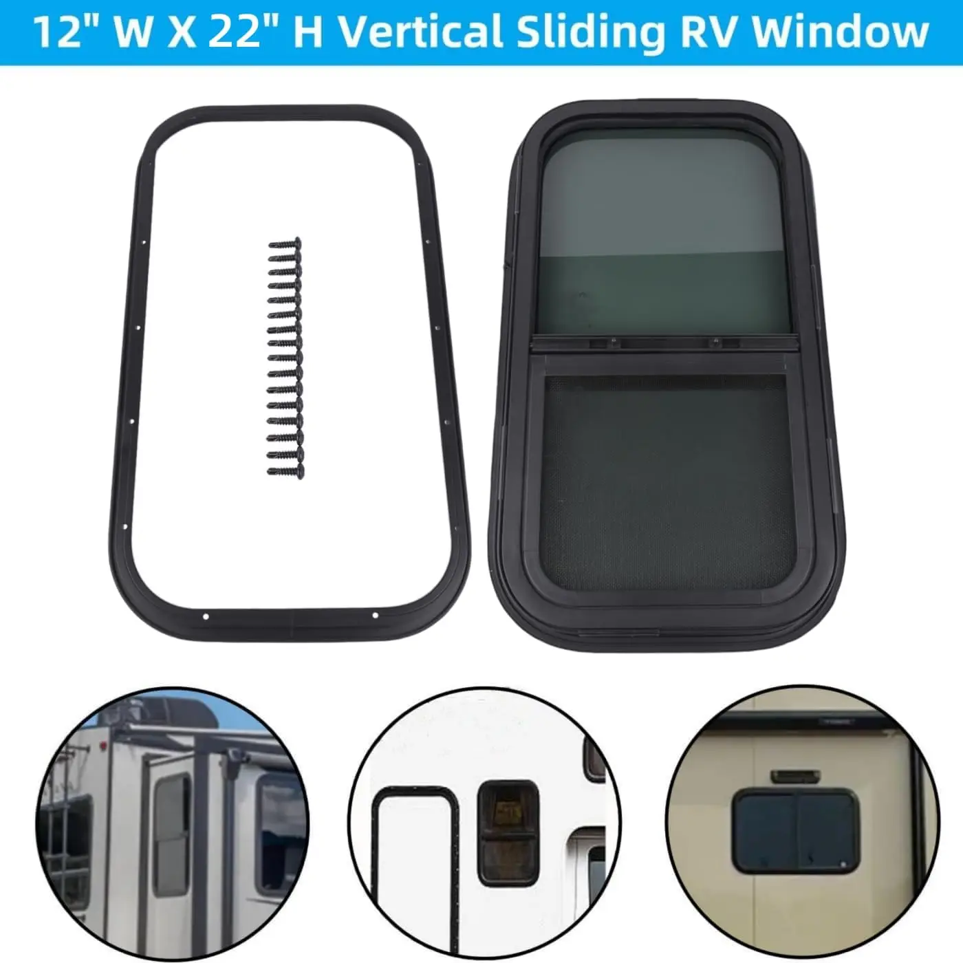 

AP03 12"W x 22"H Vertical Slider W/Screen&Interior Camper Window Clamp Ring Included