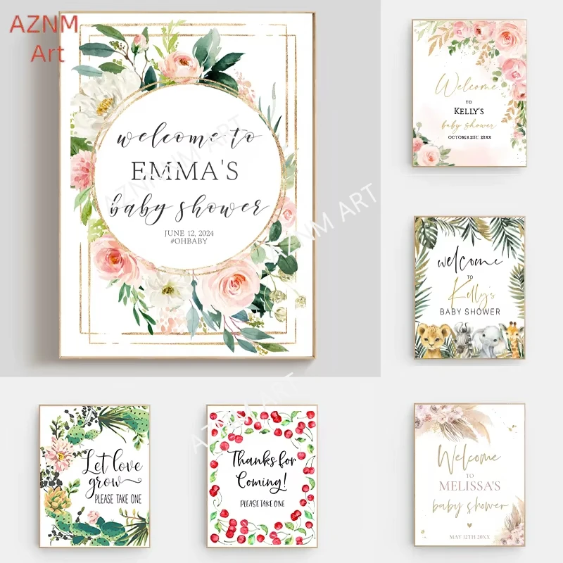 Personalized Baby Shower Welcome Sign Art Print Jungle Animal Baby Shower Poster Boho Style Canvas Painting Bridal Shower Decor