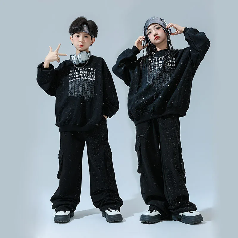 

Kid Cool Black Silver Glitter Hip Hop Clothing Letters Sweatshirt Top Casual Cargo Pants for Girl Boy Jazz Dance Costume Clothes