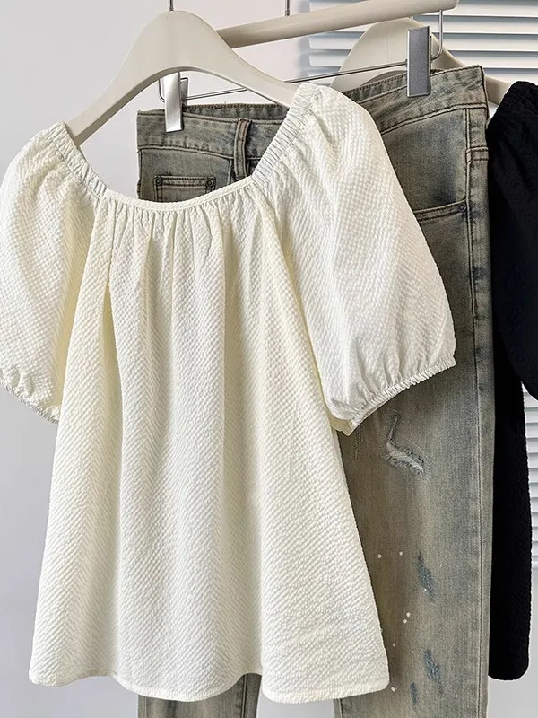 

plus Size Square Collar Bla ort Sve Chiffon irt Women's Summer Slimming Bubble Sve Doll Top Korean Sle Loose Fit