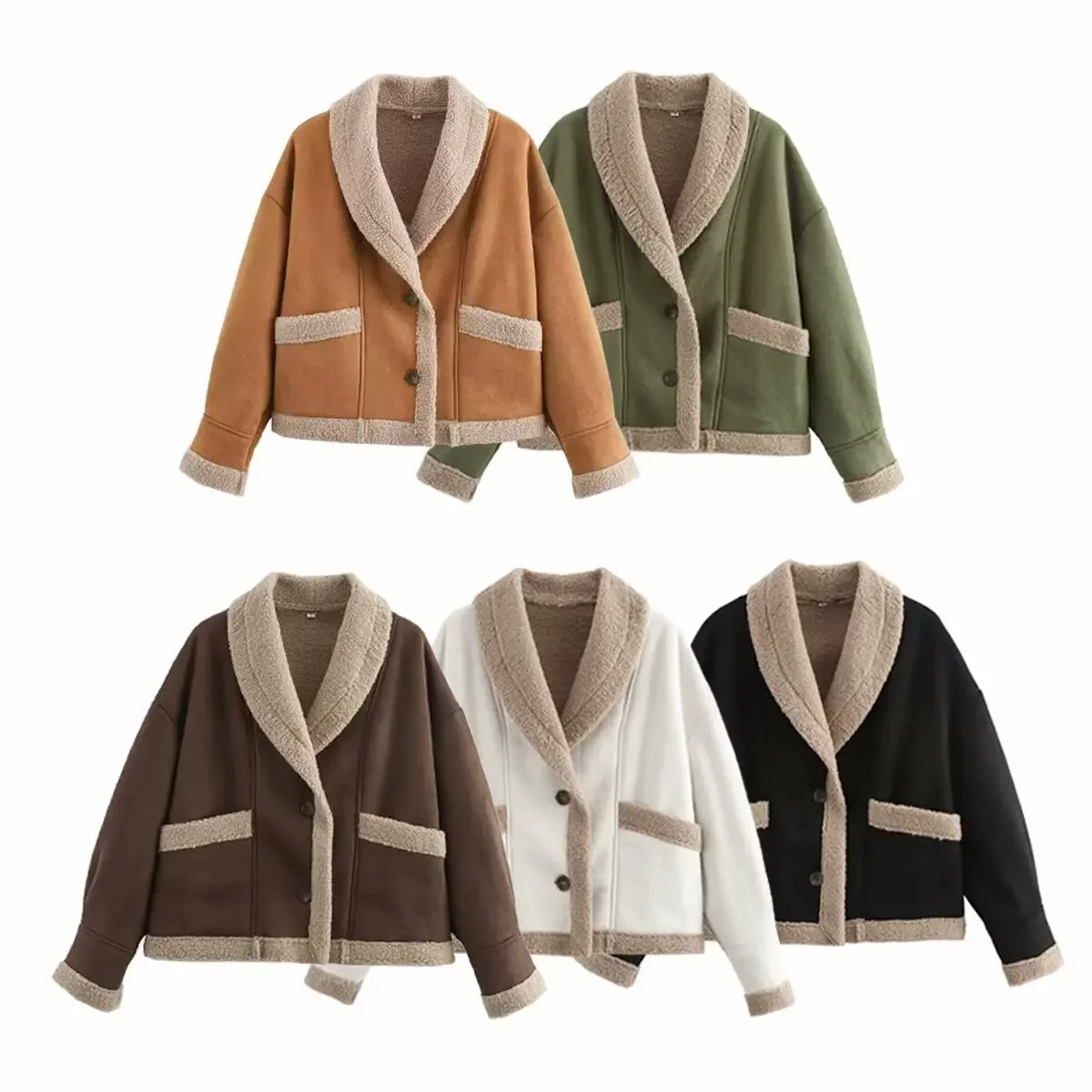 

2025 Autumn Winter New Women Chic Lapel Lamb Wool Patchwork Coat Casual Button with Pocket Thickened Jacket Lady Retro Outerwear