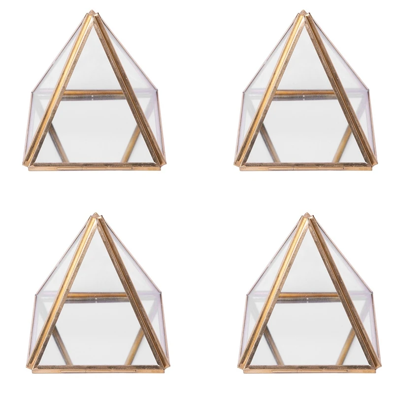 4X Glass Jewelry Box Golden Geometric Decorative Box Geometric Glass Pyramid Ring Holders For Wedding Birthday Gift S