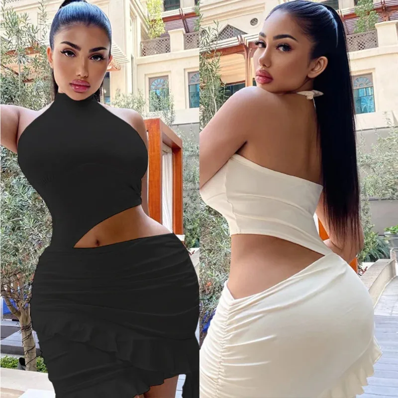 

2025 Fashion Women’s High Neck Sleeveless Dress Casual Solid Color Mini Skirt Chic Sexy Bodycon Fit Ruffled Hem Streetwear Dress