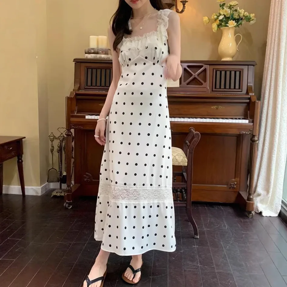 Lace Lace Splicing Halter Polka Dot Dress Women's Summer New Lace-up A-shaped Long Dress