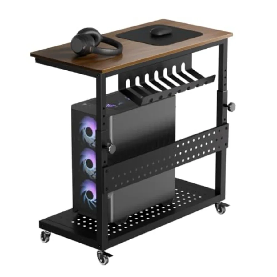 2-Tier Adjustable Rolling Computer Tower Stand Mobile PC CPU Holder Cart with Cable Management and Hooks Wood Grain Finish for