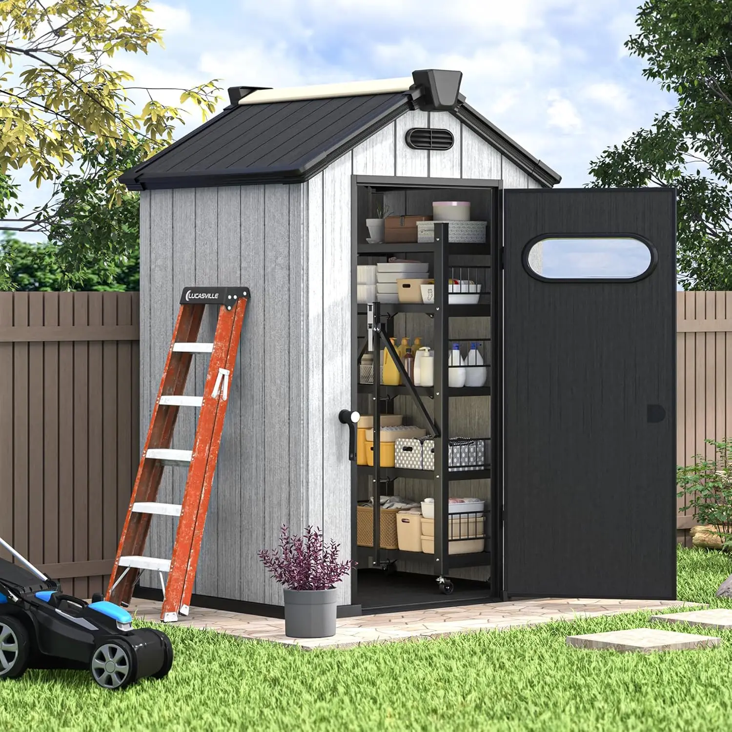 Resin Storage Shed, Weatherproof Outdoor Plastic Storage Shed with Floor Air Vents Windows Skylights Lockable Doors