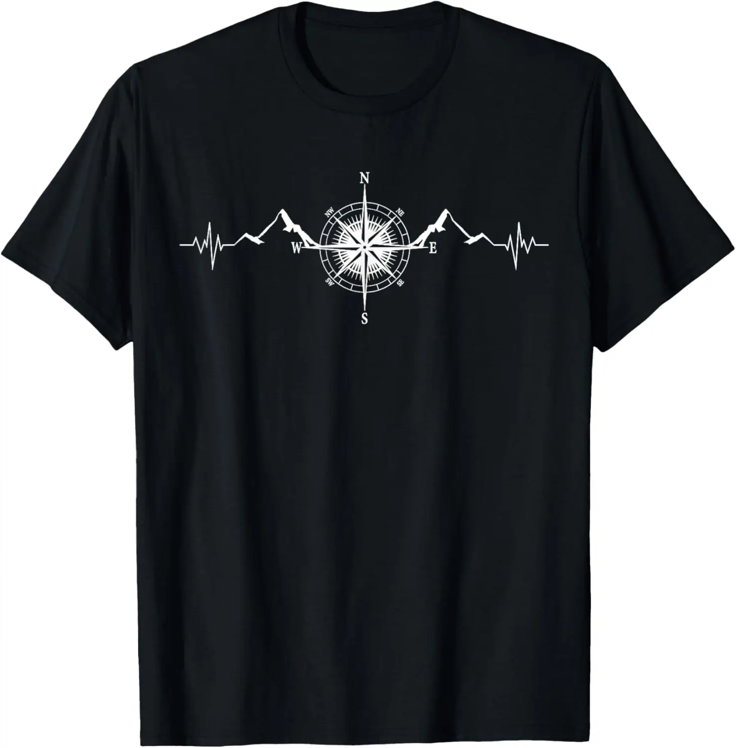 Funny Hiking Nature Mountains Wind Rose Compass Heartbeat T-Shirt 100% Cotton Trendy Y2K Short-Sleeve Tee – Soft, Quick-Drying, & Moisture-Wicking; Ideal for Sports or Casual Wear; Great Gift for Christmas or Halloween.