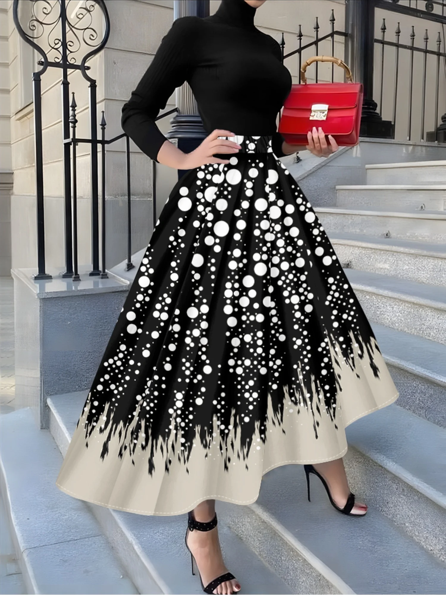 

Printed Design suitable for all four seasons White Dots On Black Gradient vacation style elegant style women's half skirt