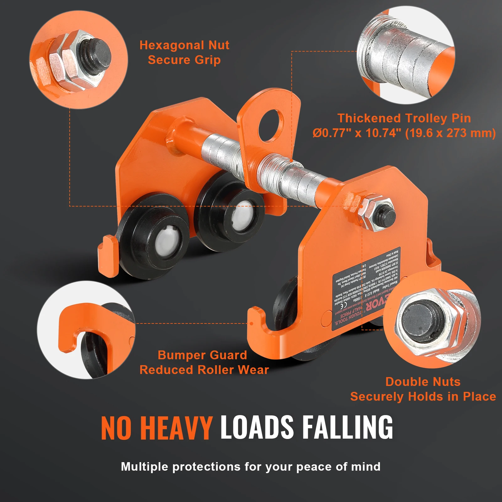 VEVOR 0.5/1/2/3/5 Ton Manual Push Beam Trolley with Dual Wheels Adjustable for Straight Curved I-Beam Flange Width 2.5" to 8"