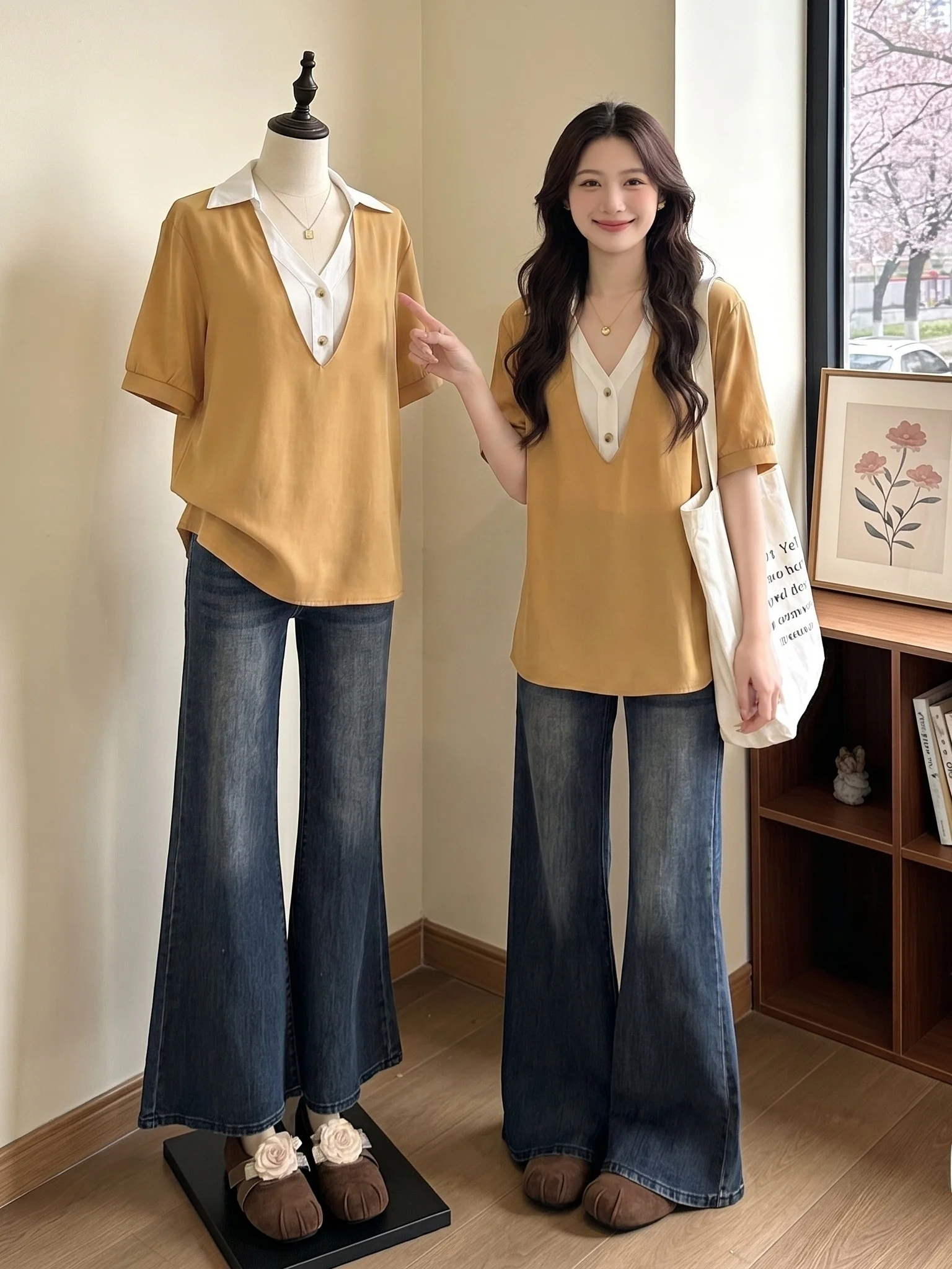 

Women's Pumpkin Orange V-neck Short Sleeve Shirt Korean Style Loose Fit Summer New Arrival plus Size Midi Top Commute Wear