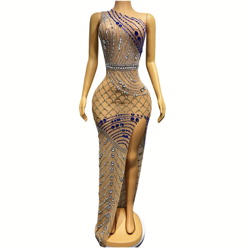 

Irregular Shoulder High Split Sexy Sparkling Diamond Sparkling Performance Dress Robe Cocktail Luxe Chic And Sweet Evening Dress