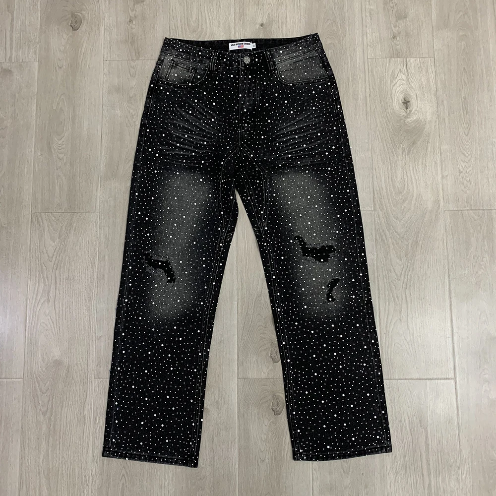 Vintage glanzende strass gewassen gat noodlijdende baggy jeans broek voor mannen rechte casual losse gescheurde denim broek