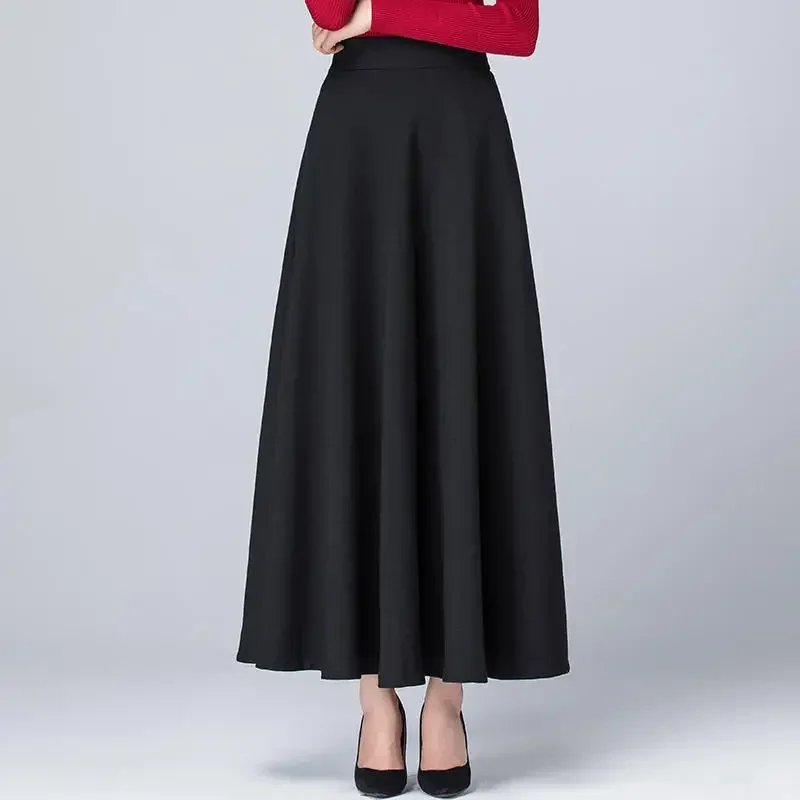 Autumn Winter Long Black Skirts Womens Elegant Solid High Waist Pleated Skirt Jupe Femme Streetwear A-Line Skirts Faldas Q5039