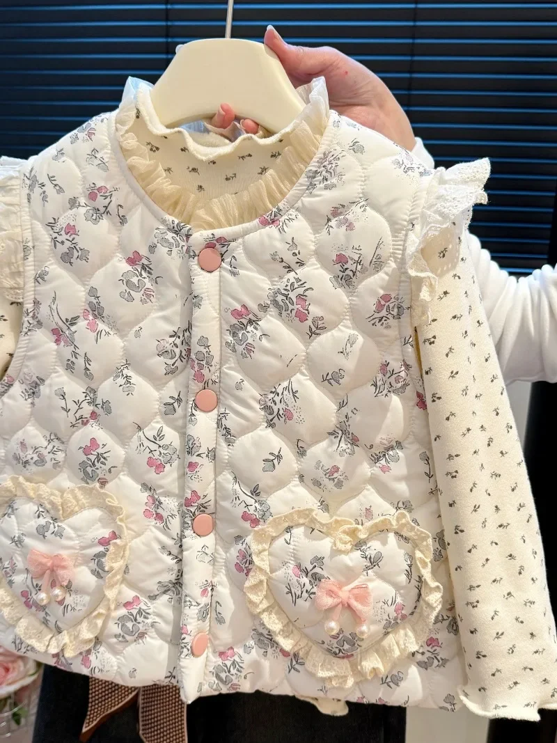 UNITIM Herbst Winter Kinder Mädchen Weste 2-8 Jahre Mädchen Blumendruck Ärmellose Jacke Lose Verdickte Warme Kinder Mädchen Oberbekleidung – Detail 10