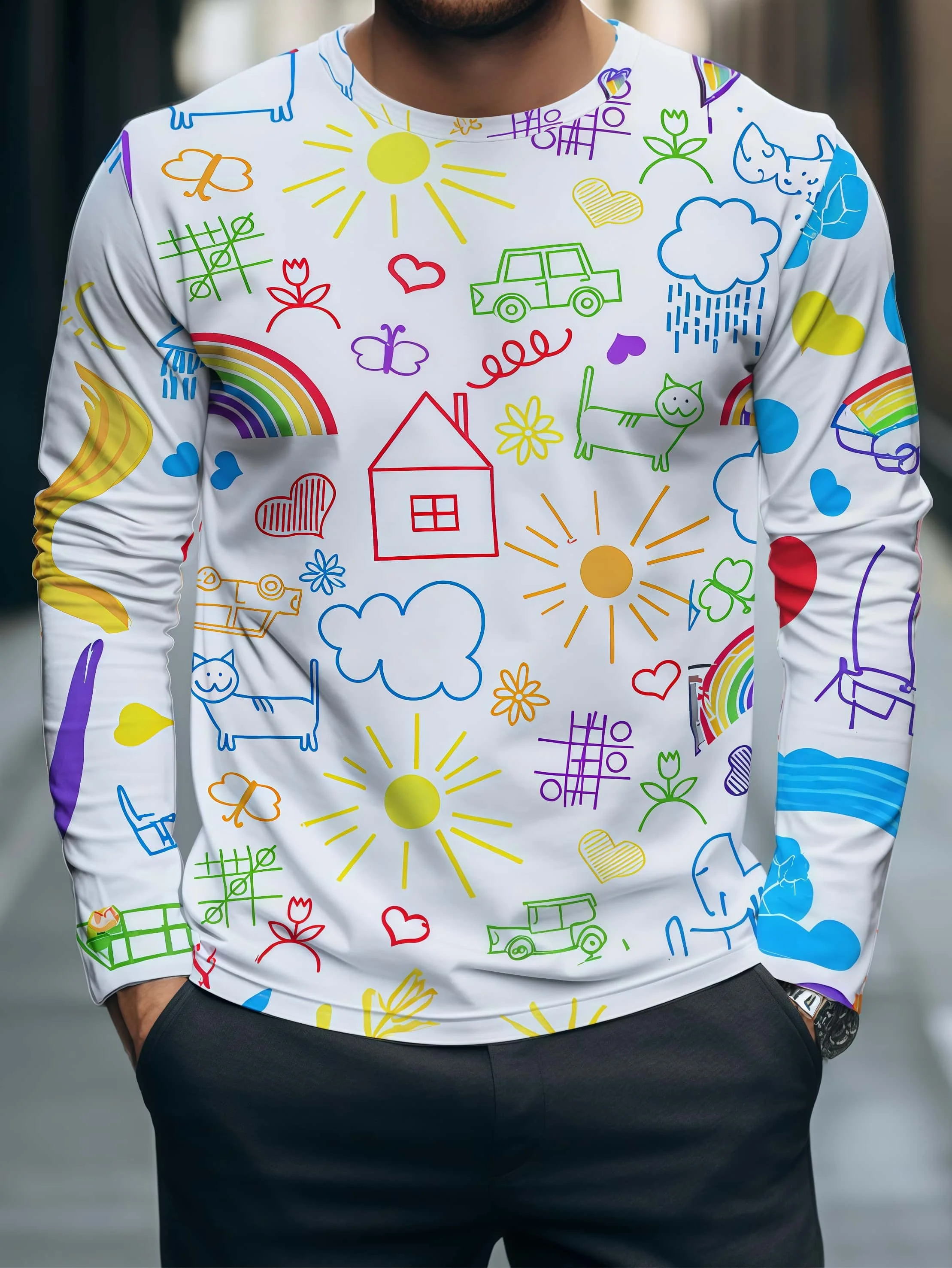 2026 New Dopamine Color Graffiti 3D Printed Long Sleeve Round Neck T-shirt Street Fashion Trend Neutral Casual Versatile - view 3