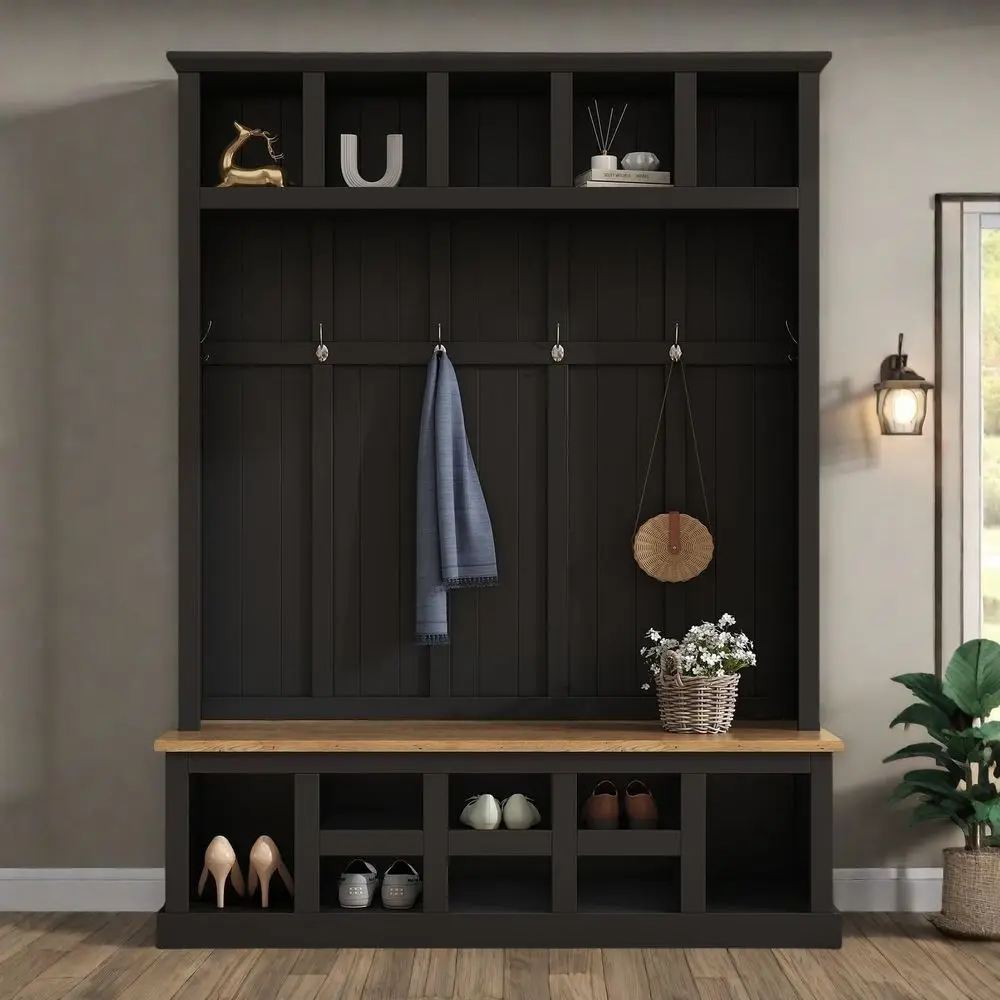 

Черная высокая скамья для прихожей 78 дюймов с 6 крючками и верхними полками для прихожей, коридора или гостиной