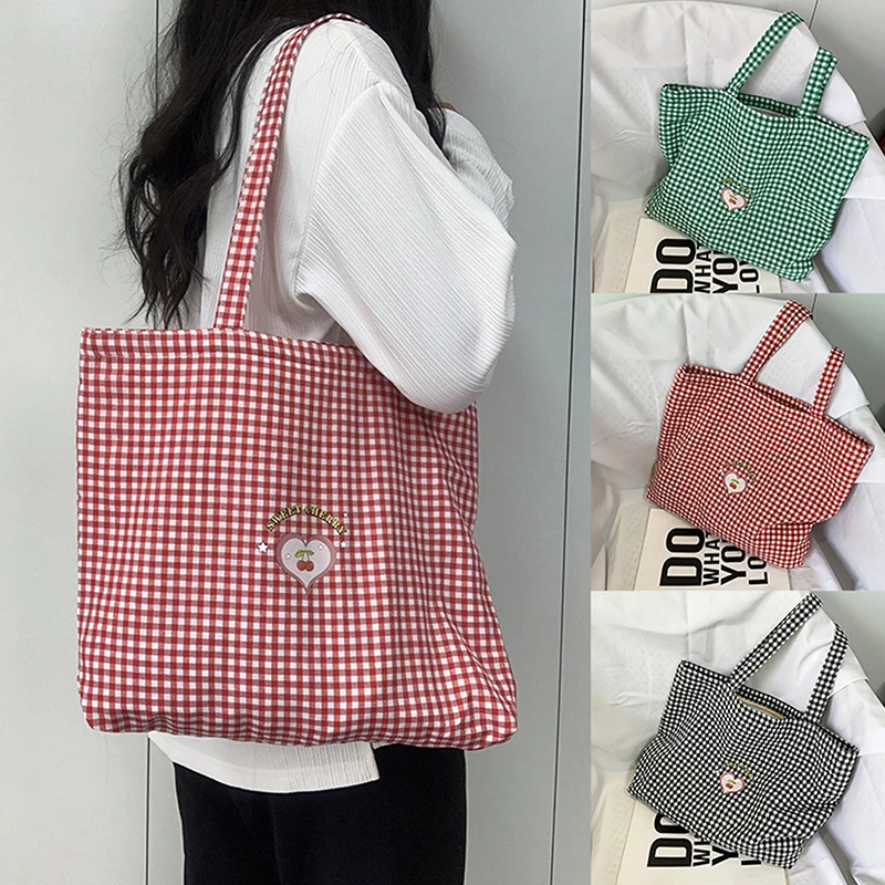 Women's Portable Shopping Bags Retro Plaid Eco Reusable Female Tote Shoulder Bag College Girls Book Handbags With Zipper