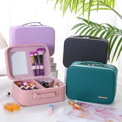 Bolsa de maquillaje portátil de gran capacidad para mujer, bolso de almacenamiento multifuncional de cuero pu, resistente al agua, color sólido, nuevo