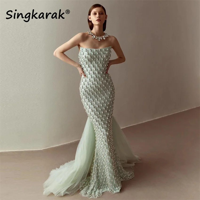 

Green Evening Dress 2025 Beading Crystals Pearls Dubai Formal Prom Party Glitter Wedding Party Gowns Vestidos Customized