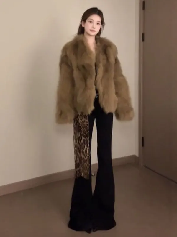 

Retro Fur ort Coat Loose Fit Eco-friendly Faionable Outerwear Youth Casual Long Sve V-ne Winter Outerwear