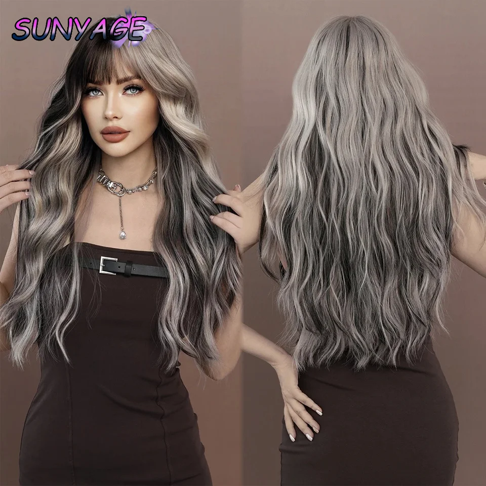 SUNYAGE Wave shaped gradient wig, long roll full head cover, daily gradient color wig, full head design