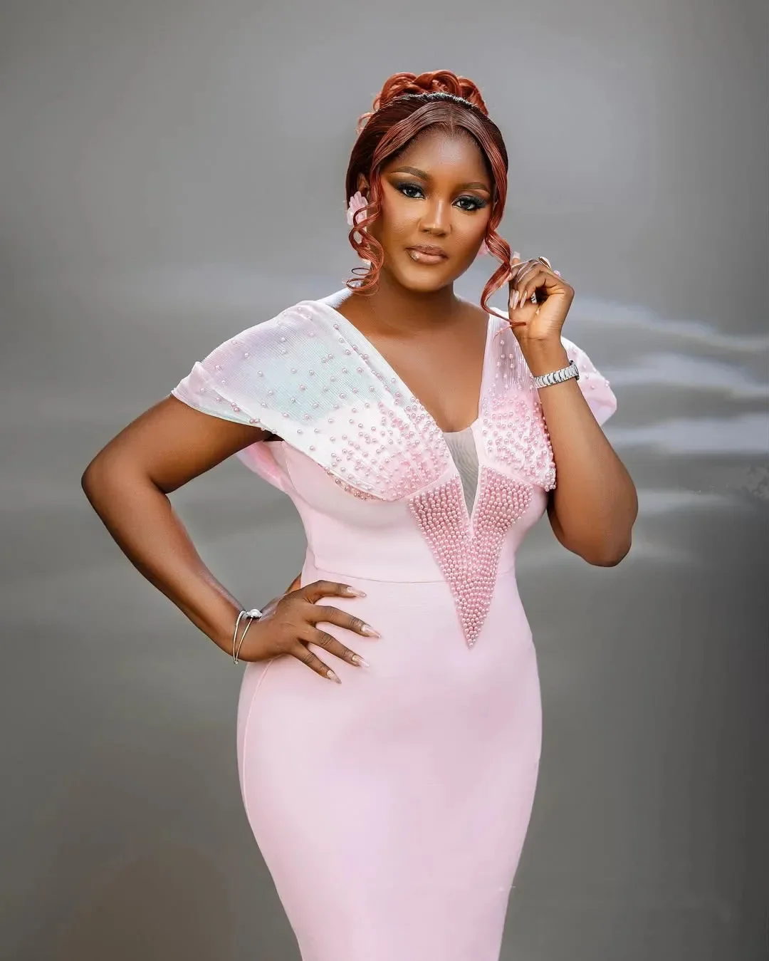 Pink Mermaid Prom Dress V Neck Pearls Elegant Formal Gowns Beaded Ankle Length Evening Dresses Trumpet Covered Shoulder