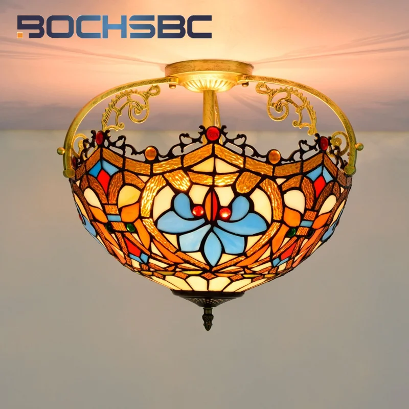 

BOCHSBC Tiffany Style Yellow Love Beads stained glass Ceiling Light 16 Inch pendent lamp Restaurant Bedroom Corridor LED Decor