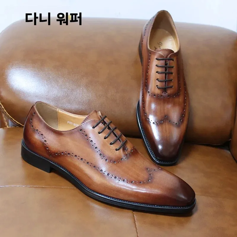 Sapatos masculinos de couro genuíno oxford brogue clássico preto/marrom ponta de asa com cadarço sapatos formais para escritório de casamento