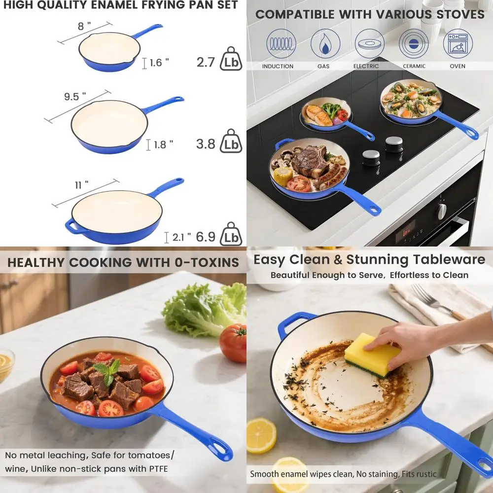 

Cobalt Blue Enamel Cast Iron Skillet Set - 8, 9.5, 11 Ceramic Coated Fry Pans, Compatible with Gas, Induction, Electric, and Ove