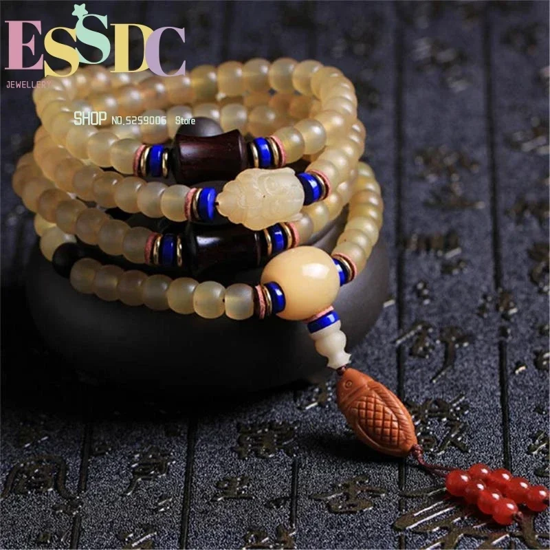Tibetan Selected Natural Sheep Horn Polish 108 Mala Bucket Beads Prayer Necklace or Bracelet Dropship