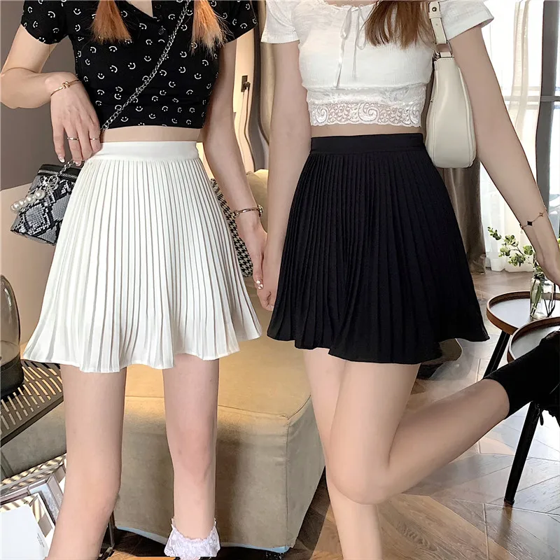 Real shot spot spring and summer Korean pleated miniskirt Joker skirt female high waist slim A-line skirt solid color