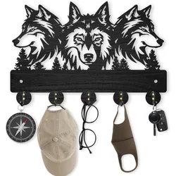 Wood Wall Mount Coat Rack 11.8×8inch Wolf Forest Key Holder for Wall Coat Rack Wolf Key Hook 5 Alloy Hooks Animal Theme