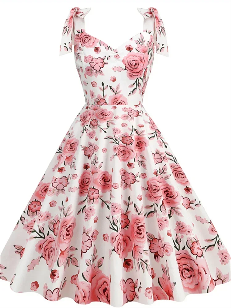 

2024 New Fashion Women Summer Dress Retro 50s 60s Robe Femme Rockabilly Pinup Party Vestidos Casual Elegant Floral Office Dress