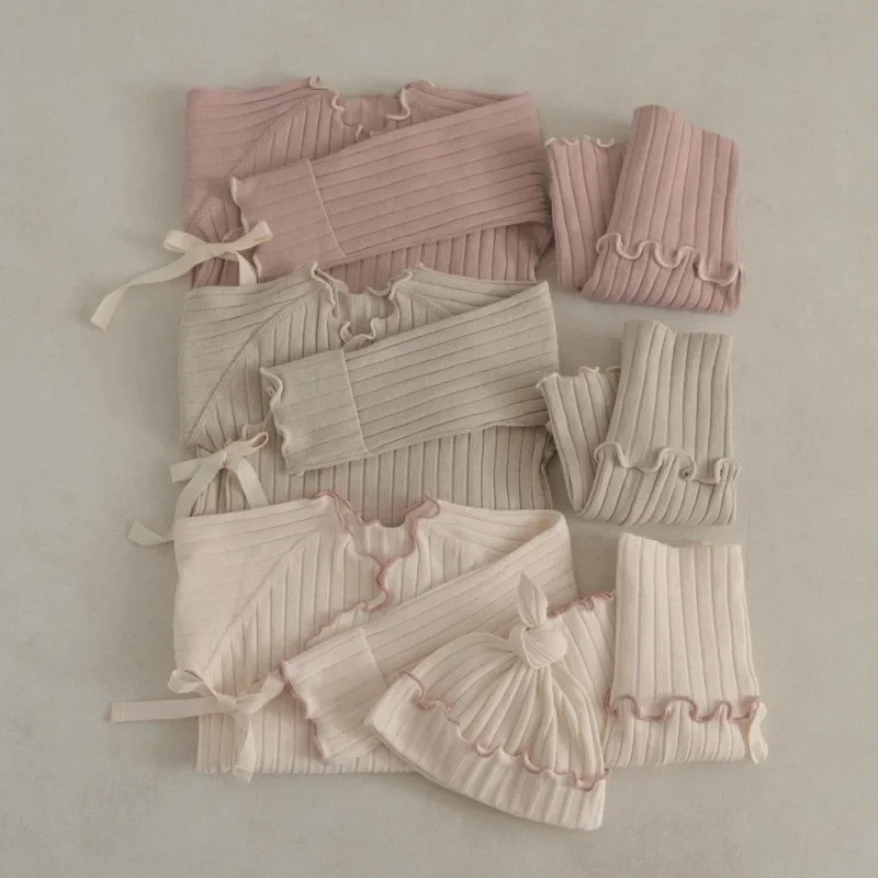 Spring Autumn Infant Home Wear Sets Soft Pit Stripe Lace Up Open Stitch Top+High Waist Belly Protection Pants Baby Clothes A8431