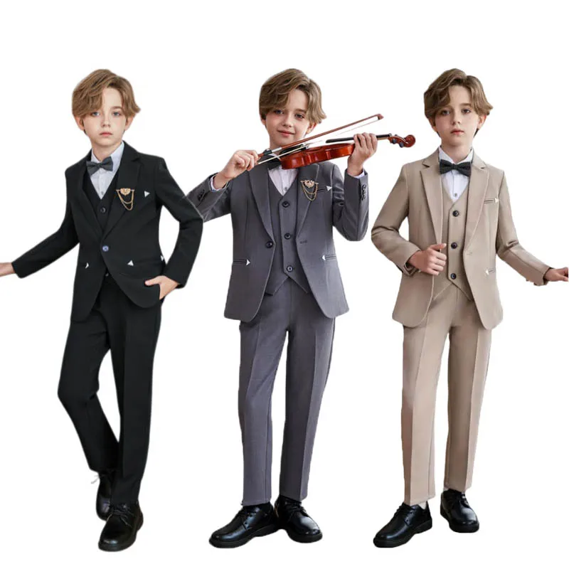 

90-170 Children Sping Khaki 5Pieces/Set Jacket Vest Pants Bowtie Brooch Performance Suit Boys British Wedding Dress Kids Blazer