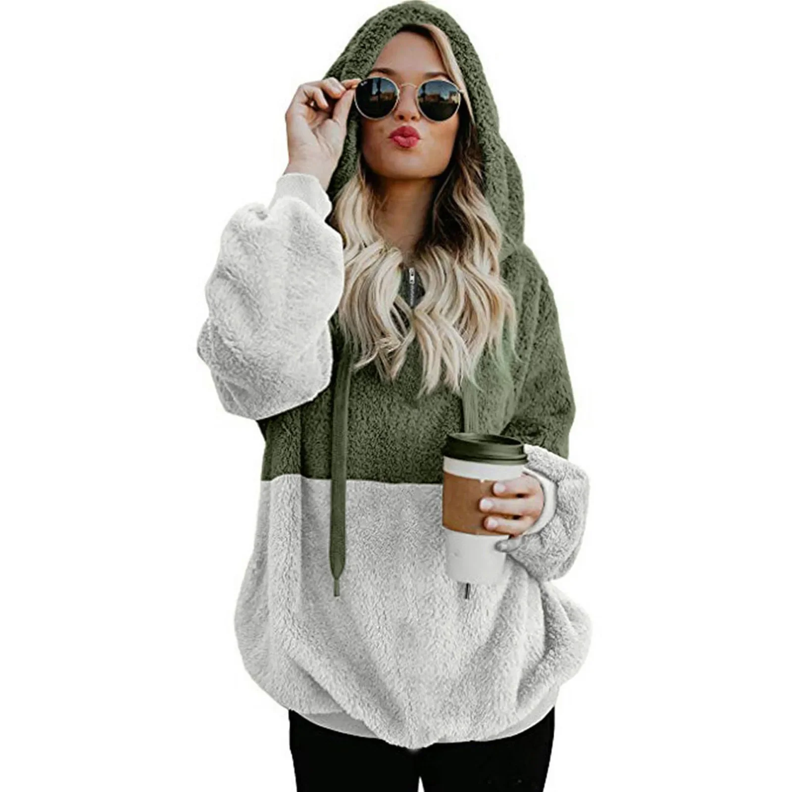 Women's pullover Women's Color Blocking Hooded Stitched Long Sleeve Zipper Plush Sweatshirts