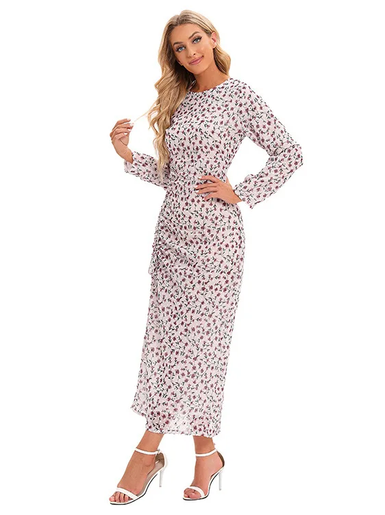 Sweet Floral Print Long Dress Waist Cinched Rope Ethnic Clothing Long Sleeve Women's Fashionable Traditional Stage Costume