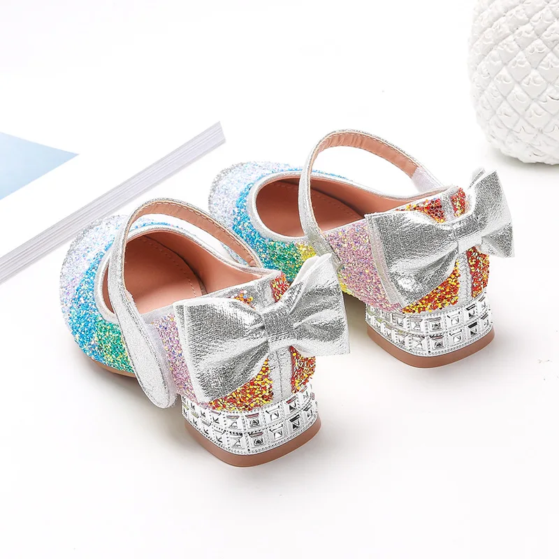 Zapatos Kid Shoe Girl Rainbow Princess Shoe Kids Crystal Mary Jane Shoes Bow Tie Flat Leather Shoes Elegant Sequin High Heels