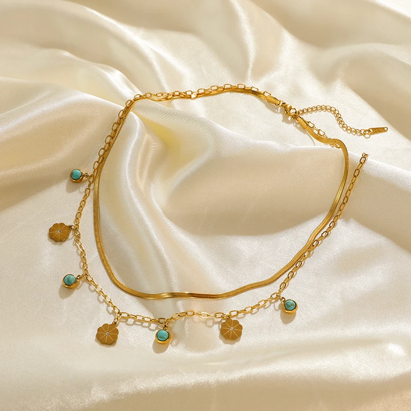 EILIECK 316L Edelstahl-Schmuck Mehrschichtige Halsketten mit grünem Steinanhänger für Damen Vintage Choker Halsketten-Accessoires – Detail 9