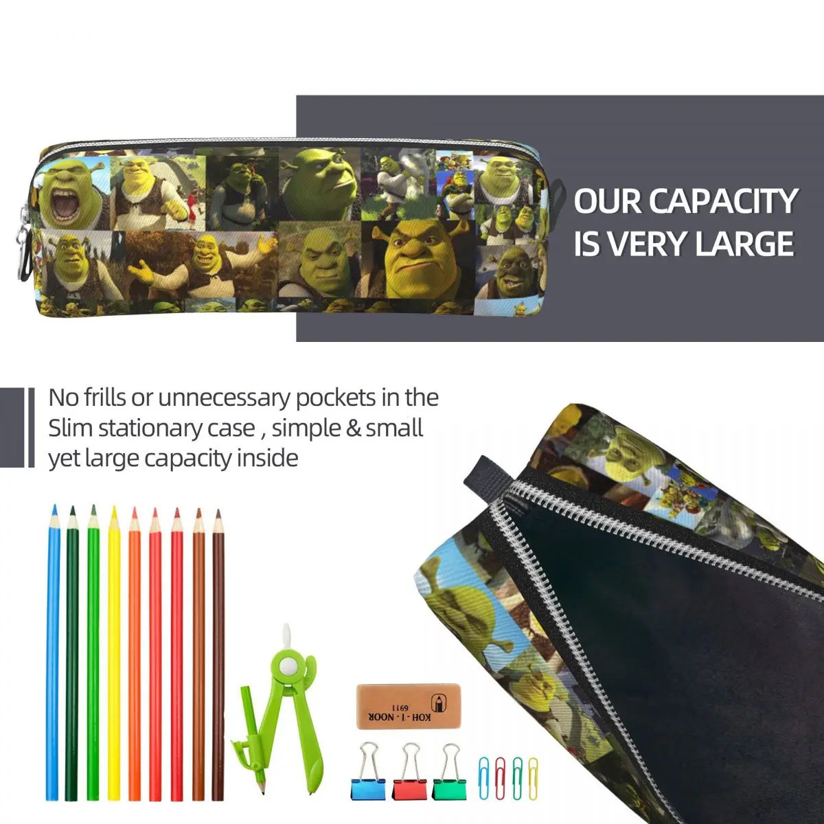 Shreks Memes 콜라주 연필 케이스 Anime Funny Face 펜 홀더 가방 학생 대형 스토리지 학생 학교 지퍼 연필 케이스