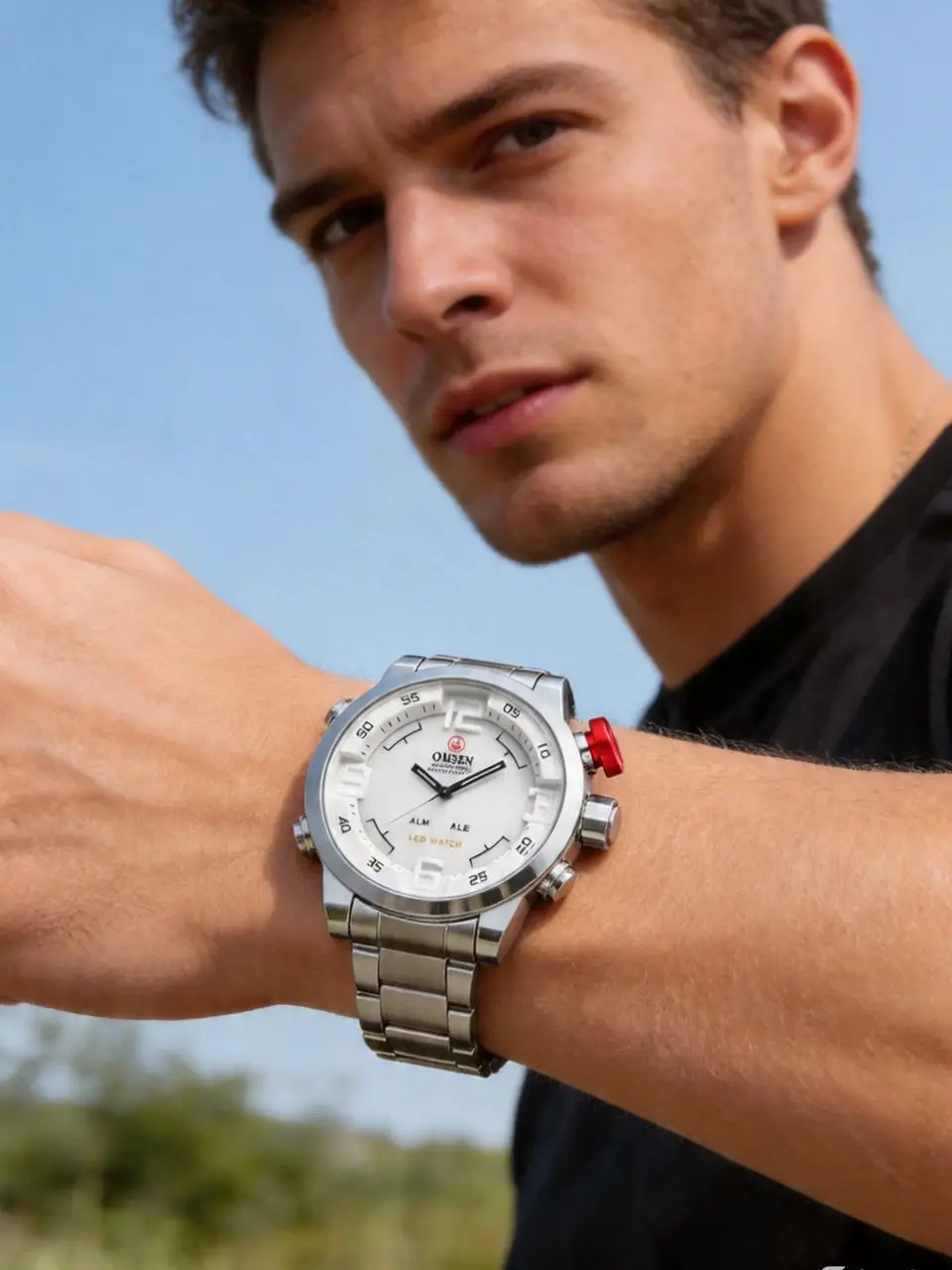 Mode Sport Uhr Männer Digital Quarz LED Stahlband Mann Dual Time Uhr 3ATM Wasserdicht Military Armbanduhren Relogios