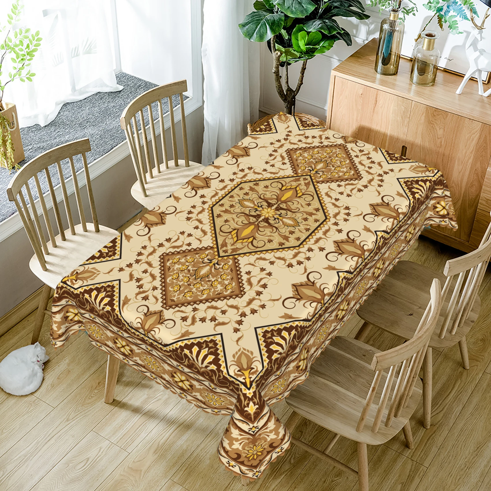 

Vintage Boho Floral Medallion Tablecloth Waterproof Dining Polyeater Washable Table Cloth For Dining Room Kitchen Home Decor