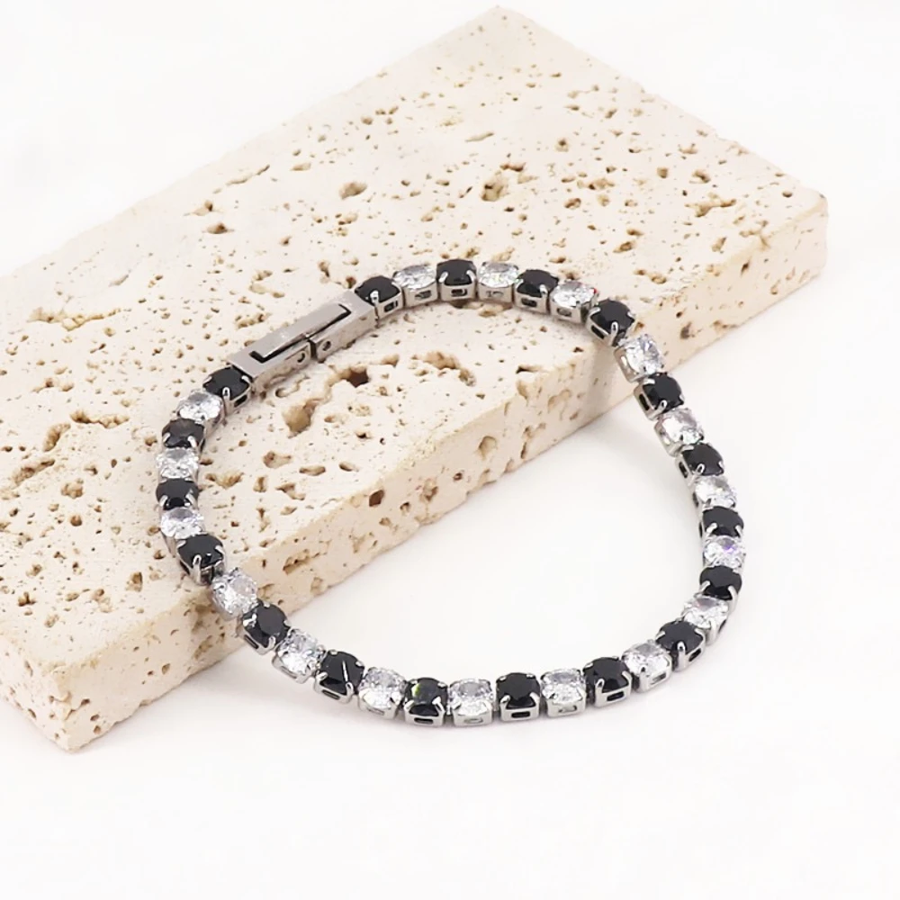 925 Sterling Silver Stylish Exquisite 4mm Black and White Zircon Tennis Bracelet, Ladies Birthday Party Anniversary Gift