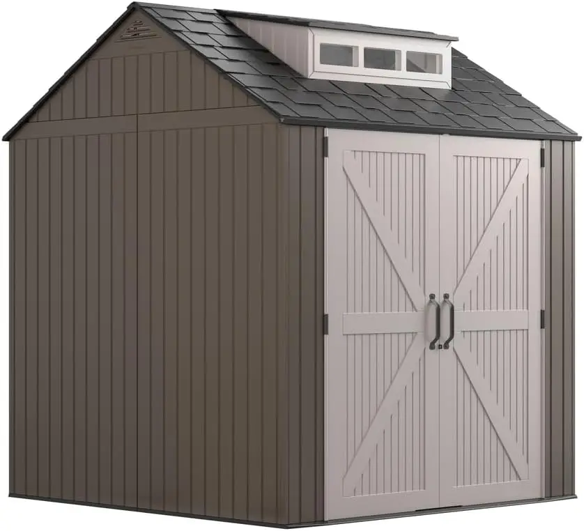 Large Resin Outdoor Storage Shed with Floor (7 x 7 Ft.) Weather Resistant Brown Organization Home/Lawn Mower/Backyard Equipment