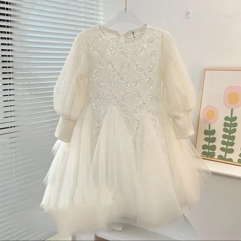 

New 2023 Girls Prin Cess Casual Spring Summer Children's Wear Korean Pearl Neck Princess Dress Fashion Yarn Dress