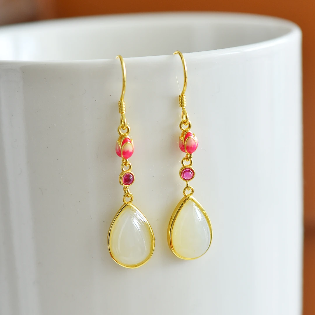 Genuine China Nephrite Stone White Hetian Jade Waterdrop 925 Silver Enamel Lotus Flower Dangle Earrings Women Certified Jewelry